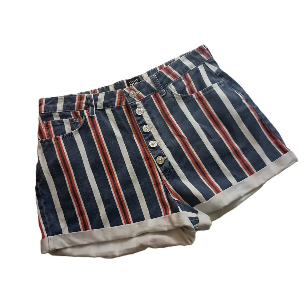 BDG Urban Outfitters Striped Mom Buttonup Denim Shorts Red White Blue Womens W32 - Picture 2 of 16